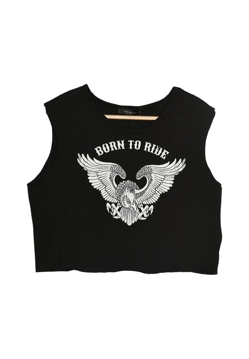Crop top noir sans manches avec un graphique d'aigle blanc et le texte "BORN TO RIDE" au-dessus des ailes écartées sur la zone de la poitrine.