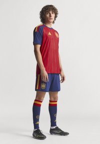 Maglietta da calcio rossa e blu con strisce verticali, emblema ricamato, pantaloni coordinati e calze al ginocchio con accenti rossi e gialli.