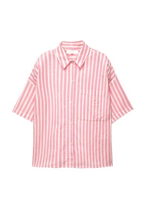 Short-sleeve button-up shirt in pink and white vertical stripes, featuring a chest pocket and soft fabric texture. Casual collar design.