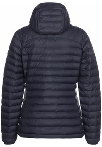 Marineblå, puffy isolert jakke med hette, med horisontale quiltede seksjoner og en glatt, skinnende tekstur. Baksidevisning kun.
