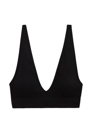 Bralette en tissu côtelé noir avec un décolleté en V profond, des bretelles larges et une bande élastique sans coutures sous la poitrine pour un soutien optimal.