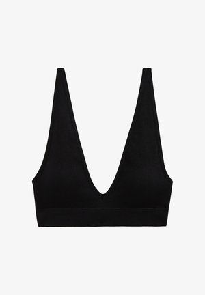 Bralette en tissu côtelé noir avec un décolleté en V profond, des bretelles larges et une bande élastique sans coutures sous la poitrine pour un soutien optimal.