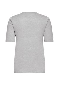 T-shirt gris à manches courtes avec un col rond, fabriqué en tissu doux et lisse. Présente un design simple sans logos ni motifs visibles.