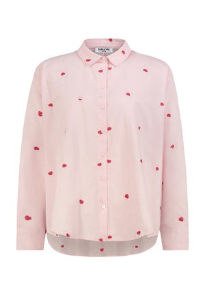 Hellrosa Bluse mit Knopfleiste, langen Ärmeln, einem Kragen und verstreuten kleinen roten Herzmustern.