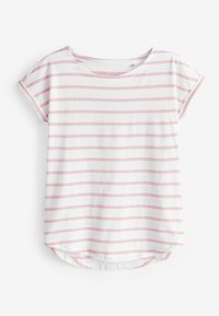 T-shirt à manches courtes en coton blanc avec des rayures rose clair, ourlet arrondi et coupe décontractée. Texture douce et design décontracté.