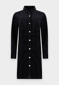 Black denim dress with long sleeves, button front, two chest pockets, and contrasting stitching. Features a structured collar and a straight fit.