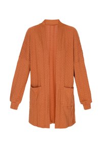 Cardigan lavorato a maglia arancione con vestibilità ampia, apertura frontale, maniche lunghe e due tasche anteriori. Motivo testurizzato su tutto il tessuto.