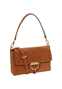 Wildleder-Handtasche in warmem Braun mit einer strukturierten rechteckigen Form, einem Deckel, einem abnehmbaren Riemen und goldfarbigen Hardware-Details.