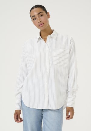 White button-up shirt with vertical blue stripes, long sleeves, a collar, and a chest pocket. Made of lightweight fabric. Casual fit.