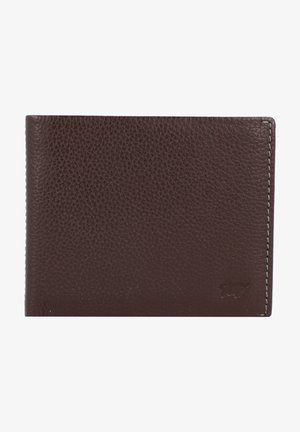 Brown leather wallet with a textured surface, bi-fold design, and subtle stitching detail. Features embossed logo on lower corner.