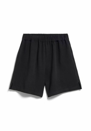 Black elastic waist shorts with side pockets and small slits on the outer hem, displayed against a white background.
