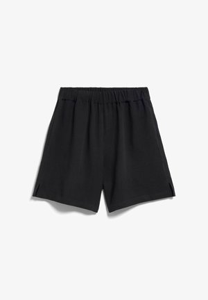 Zwarte shorts met elastische taille, zijzakken en kleine inkepingen aan de buitenzoom, weergegeven tegen een witte achtergrond.
