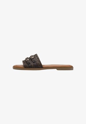 Brown woven slip-on sandal with two wide straps, silver buckle accents, flat light brown sole, and smooth texture.