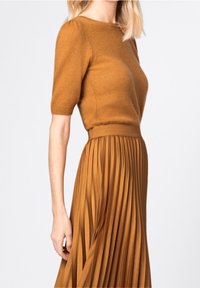 Kvinna klädd i en brun kortärmad stickad topp och en matchande brun högmidjad veckad kjol, stående mot en vit bakgrund.