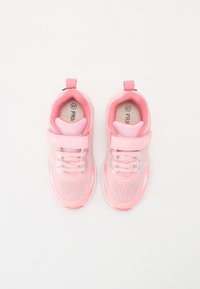 Pink athletic shoes with a breathable mesh upper, elastic laces, and a Velcro strap. Features a rubber sole and padded collar for comfort.