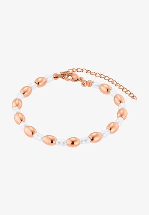 Rose gold and white beaded bracelet featuring oval-shaped metallic beads and smooth plastic pearls with a chain extension and clasp.