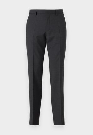 Dark gray tailored trousers with a straight fit, featuring side pockets, and subtle texture. Closures include a zip fly and belt loops.