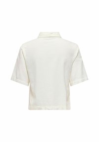 Chemise blanche à manches courtes avec col, vue de dos, avec un ourlet droit et un tissu simple et lisse.