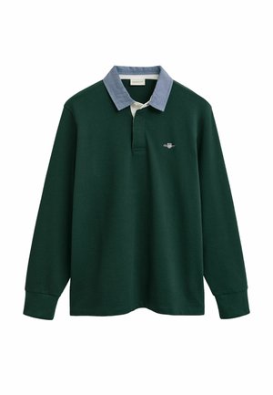 Dark green long-sleeve polo shirt featuring a light blue collar, white placket, and a small embroidered logo on the left chest. Soft fabric.