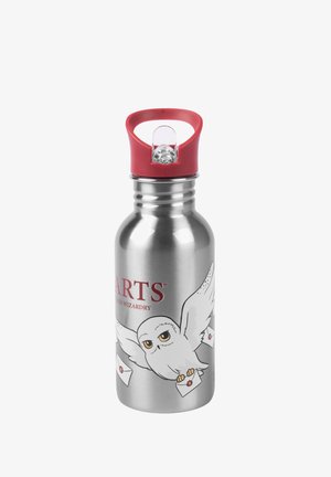 Bottiglia d'acqua in acciaio inossidabile con un tappo di plastica rosso, con una grafica di un gufo che consegna lettere e la parola "ARTS" in grassetto rosso.