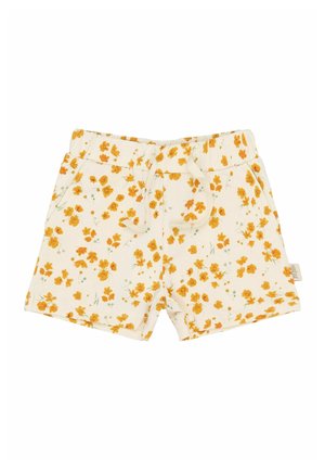 Bloemige shorts van crèmekleurige stof, met een patroon van kleine gele bloemen. Elastische tailleband met een trekkoord en zijzakken.