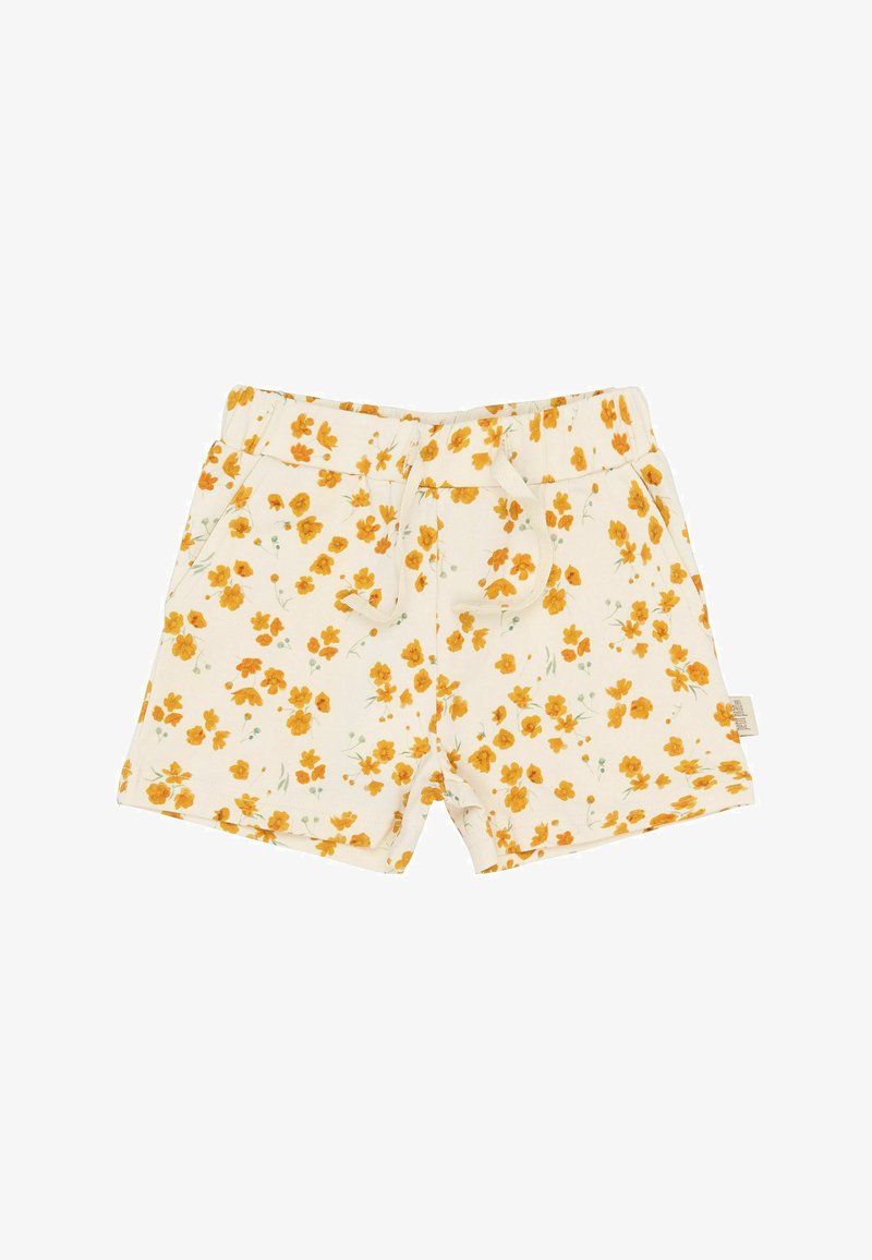 Shorts fleuris en tissu crème, ornés d'un motif de petites fleurs jaunes. Taille élastique avec cordon de serrage et poches latérales.