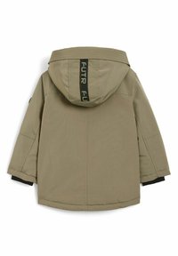 Olive green insulated jacket with a hood, featuring a black and green logo strap on the back, and black accents on the sleeve cuffs.