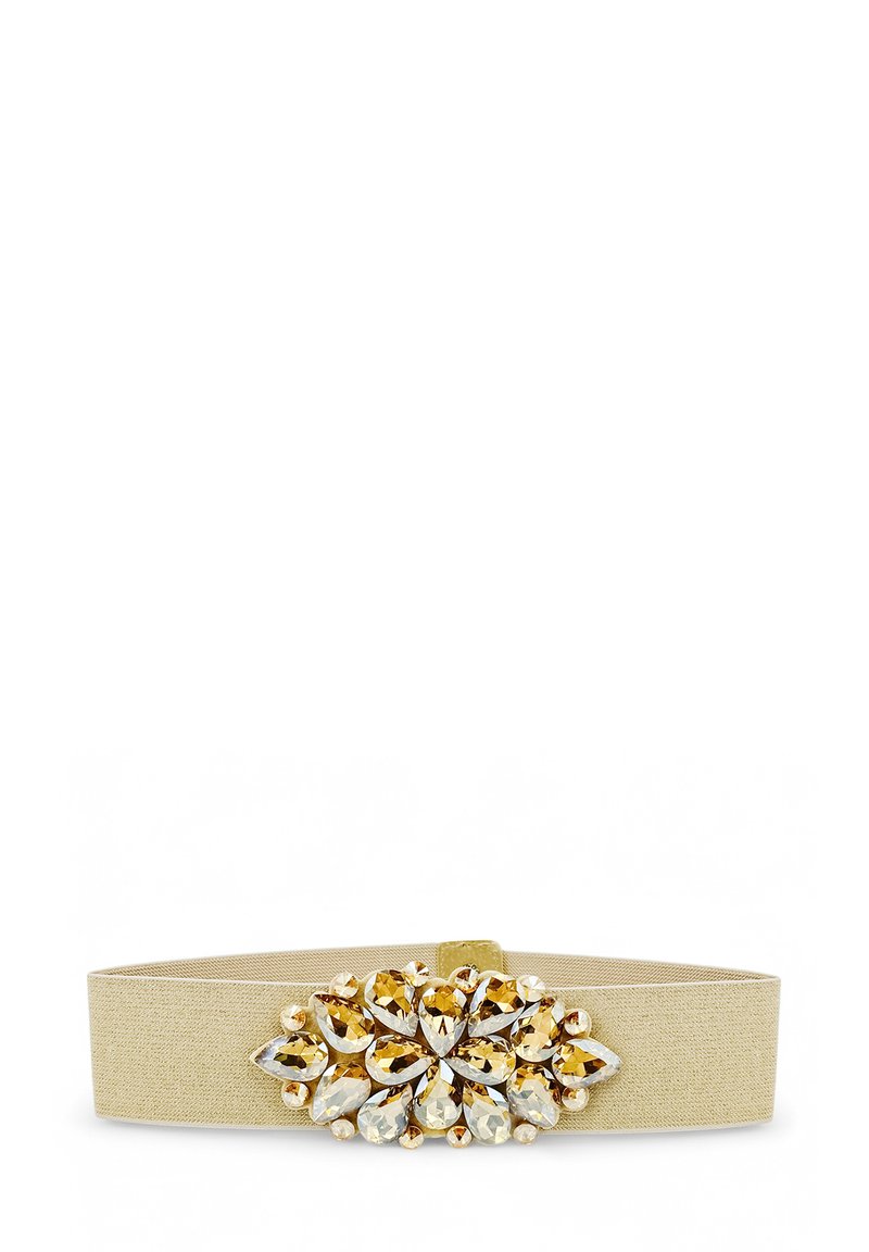 Cintura elastica beige con un cluster centrale di gemme a forma di goccia e rotonde, in oro e trasparente, disposte a forma di fiore.