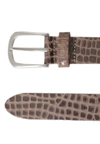Krokodilkuvioinen nahkavyö vaaleanharmaana, jossa on hopeanvärinen metallihakas ja sileä, kiiltävä pinta.