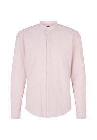 Camicetta a maniche lunghe con colletto alla mandarino, caratterizzata da strisce verticali rosa e bianche, chiusura a bottoni e polsini affusolati. Tessuto in cotone.