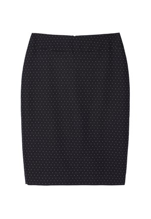 Falda lápiz negra con pequeños lunares dorados espaciados uniformemente. Textura suave, cinturilla en la parte superior y un diseño elegante y ajustado.