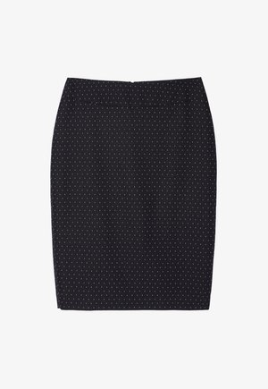 Falda lápiz negra con pequeños lunares dorados espaciados uniformemente. Textura suave, cinturilla en la parte superior y un diseño elegante y ajustado.