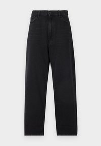 Pantalones de mezclilla negros de talle alto, con cierre de botón, cinco bolsillos y corte recto. Tela de algodón suave y de peso medio.