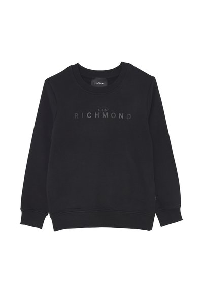 Felpa nera a girocollo con polsini e orlo a coste, caratterizzata dalla scritta "John Richmond" stampata sul petto in lettere grigie scure.