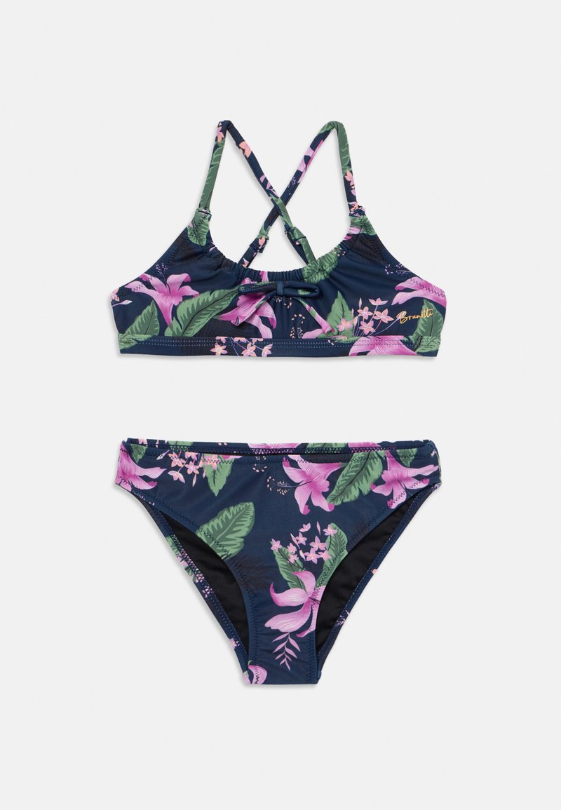 Conjunto de biquíni floral com fundo azul marinho e flores rosas, acompanhadas de folhas verdes. O top possui alças ajustáveis e um design cruzado nas costas.