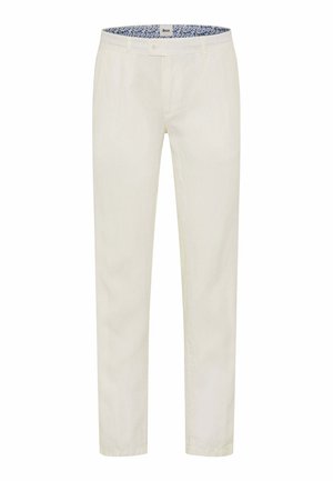Pantalon droit pour homme de couleur écrue avec fermeture par bouton et zip, passants de ceinture et doublure intérieure fleurie à la ceinture.