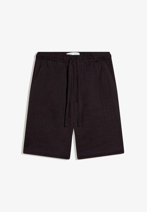 Schwarze Freizeitshorts mit elastischem Bund, vorderer Kordelzug und Seitentaschen, flach auf weißem Hintergrund liegend.