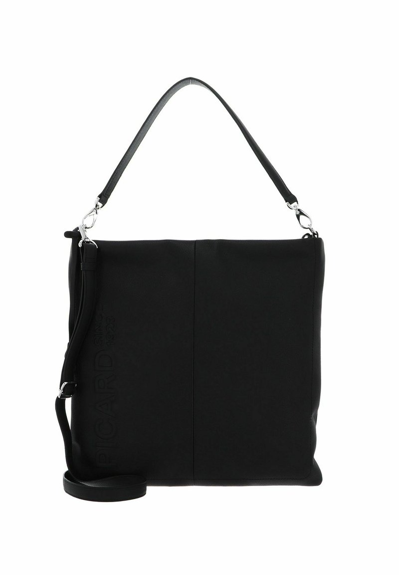 Bolso de cuero negro con una textura suave, que presenta un asa superior y una correa de hombro ajustable. Detalle del logo en relieve en un lado.