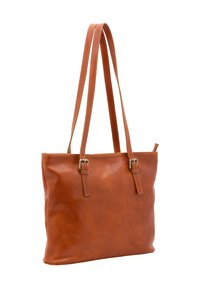 Borsa a spalla in pelle tan con due tracolle piatte, caratterizzata da una texture liscia e dettagli di cucitura sottili. Design a apertura superiore, uso versatile.