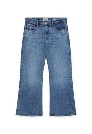 Jean en denim bleu avec une taille haute, fermeture par bouton et fermeture éclair, cinq poches, et jambes larges et droites.