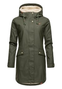 Olive green waterproof parka with a fleece-lined hood, two front pockets, and toggle drawstrings. Features snap buttons and a lined interior.