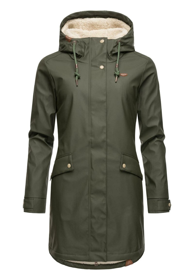 Olive green waterproof parka with a fleece-lined hood, two front pockets, and toggle drawstrings. Features snap buttons and a lined interior.