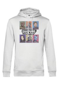 Ljusgrå hoodie med tryckta porträtt av karaktärer från "Guardians of the Galaxy", med en logga centrerad under bilderna.