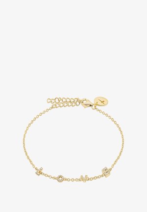 Goldene Armkette mit runden und kreuzförmigen Akzenten, verziert mit klaren Kristallen, mit einem Karabinerverschluss gesichert.