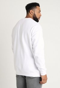 Witte sweatshirt, katoenen materiaal, ronde hals, lange mouwen, ontspannen pasvorm, ribgebreide manchetten en zoom, gedragen met grijze jeans, gezien vanuit de achterkant.