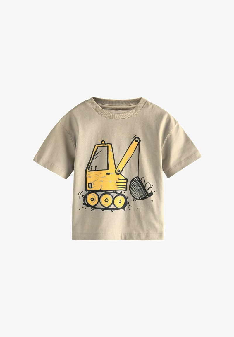 Beige short-sleeve t-shirt with a yellow excavator construction vehicle graphic on the front.