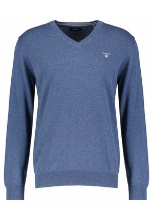 Niebieski sweter z długim rękawem i dekoltem w serek, z prążkowanymi mankietami i obszyciem u dołu, z małym logo GANT na lewej piersi.