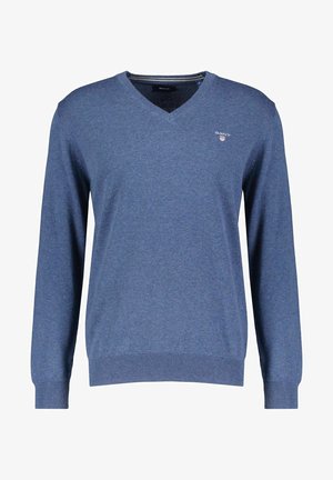 Blauer Langarm-V-Ausschnitt-Pullover mit gerippten Bündchen und Saum, mit einem kleinen GANT-Logo auf der linken Brust.