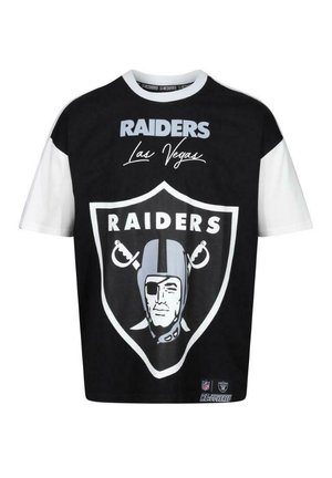 Schwarz-weißes Kurzarm-T-Shirt mit dem Text "RAIDERS", Las Vegas-Schriftzug und einem auffälligen Raiders-Logo mit einem Helmdesign.