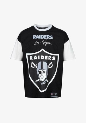 Schwarz-weißes Kurzarm-T-Shirt mit dem Text "RAIDERS", Las Vegas-Schriftzug und einem auffälligen Raiders-Logo mit einem Helmdesign.